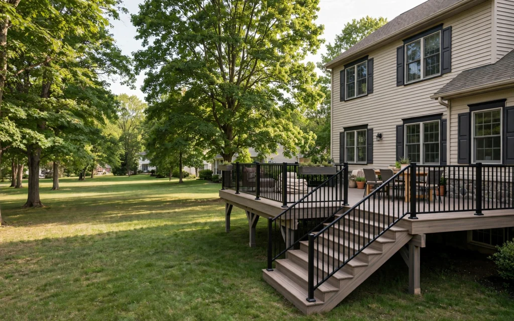 Composite deck with stairs and black railing beside a suburban home