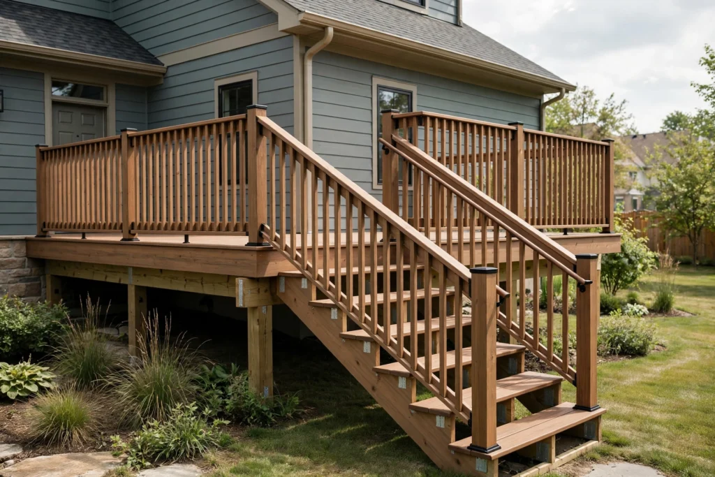 Deck Railings and Stairs: residential deck design and construction example